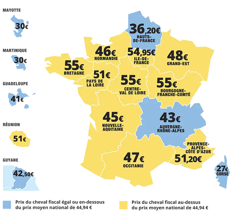 prix de la carte grise 2024 : tarif du cheval fiscal par région en France